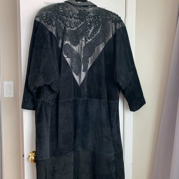 Vintage Black Suede and Leather Full Length Coat Leather Ribbon Detail - Picture 4 of 14